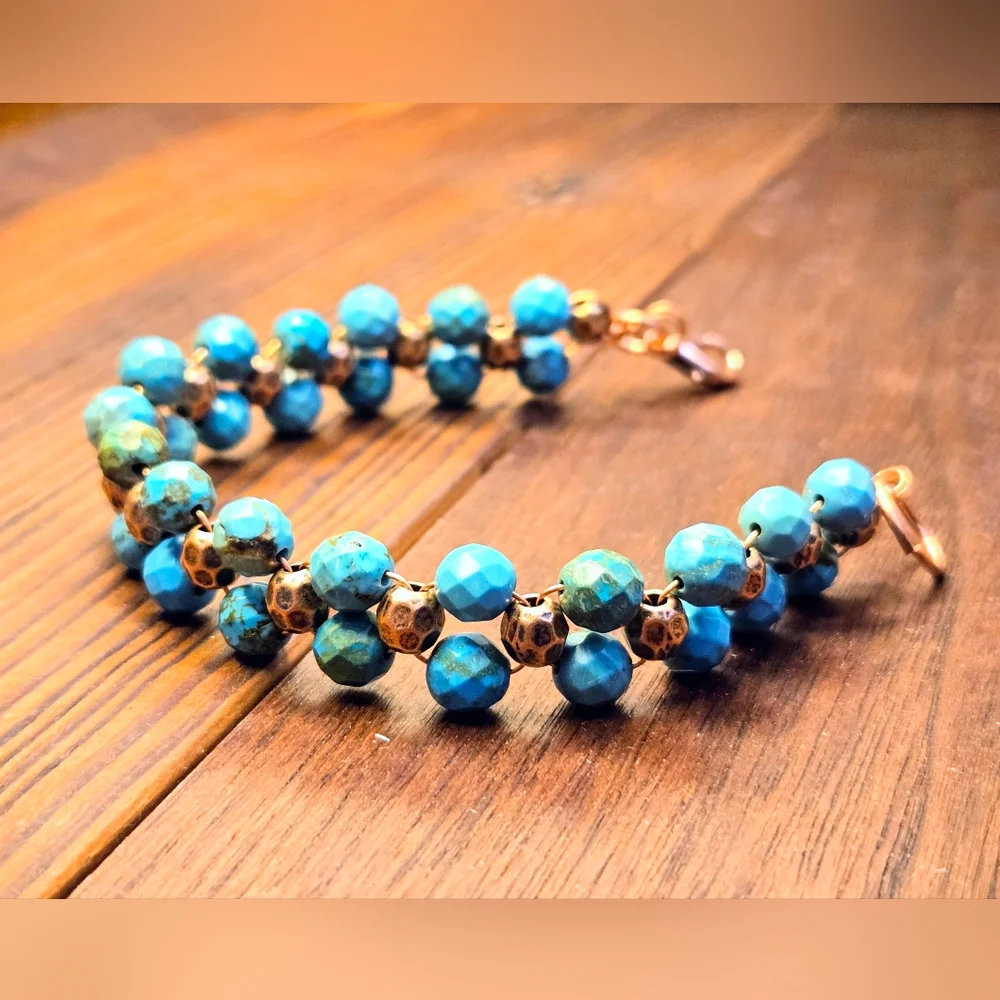 The Frontier's Genuine Faceted Turquoise In Handwoven Antique Copper Bracelet